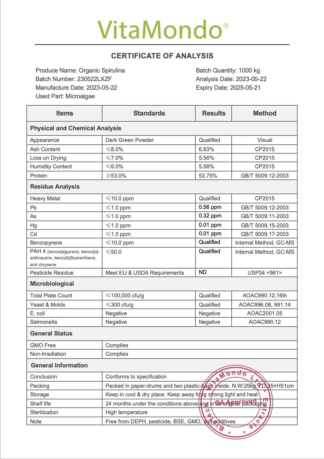 Organic Spirulina Tablets Powder COA 2023 VitaMondo stamped
