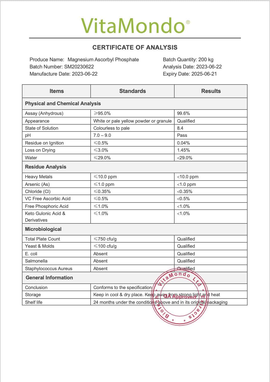Magnesium Ascorbyl Phosphate COA 99% VitaMondo stamped