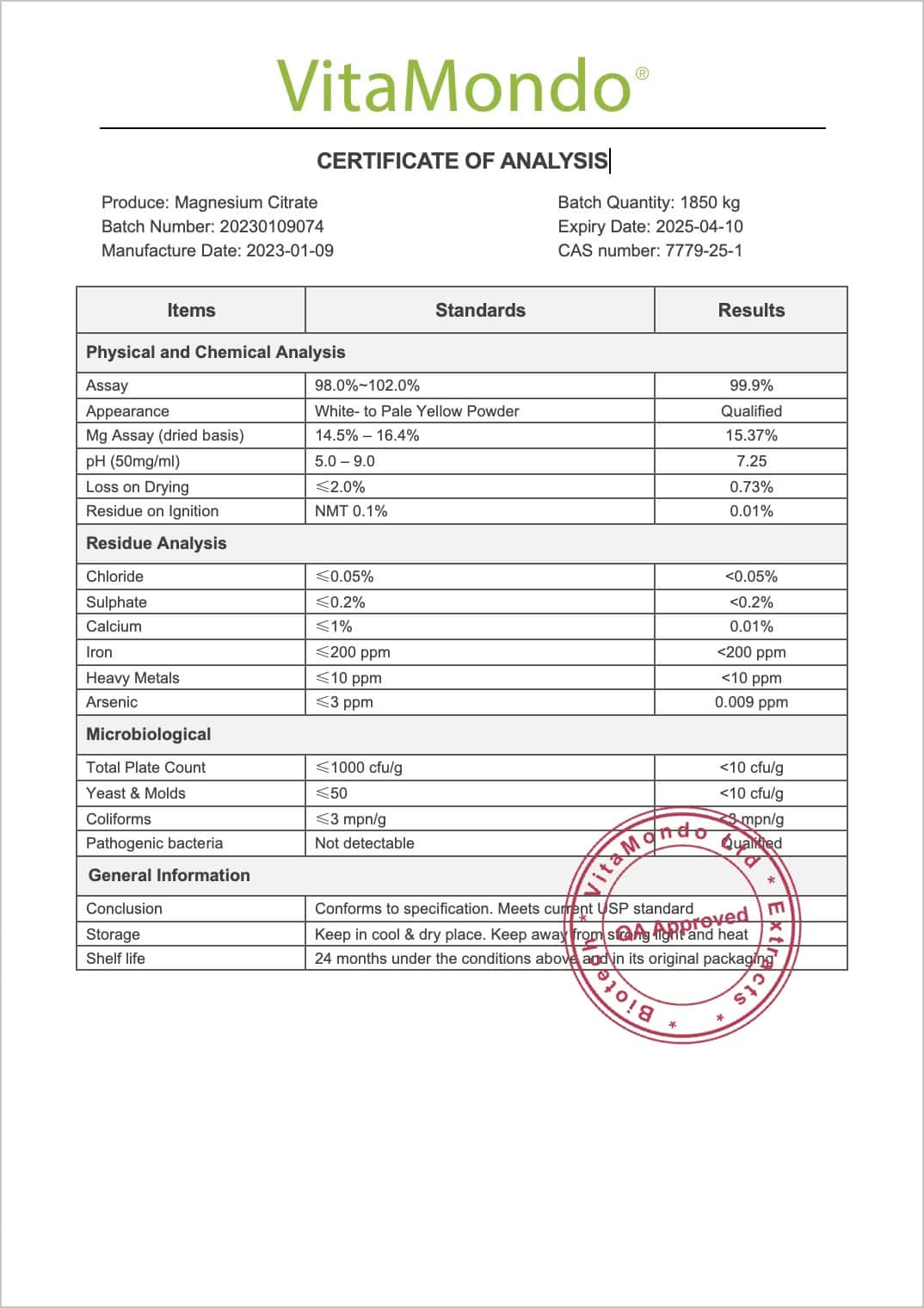 Premium Magnesium Citrate Powder 100% Quality COA VitaMondo stamped