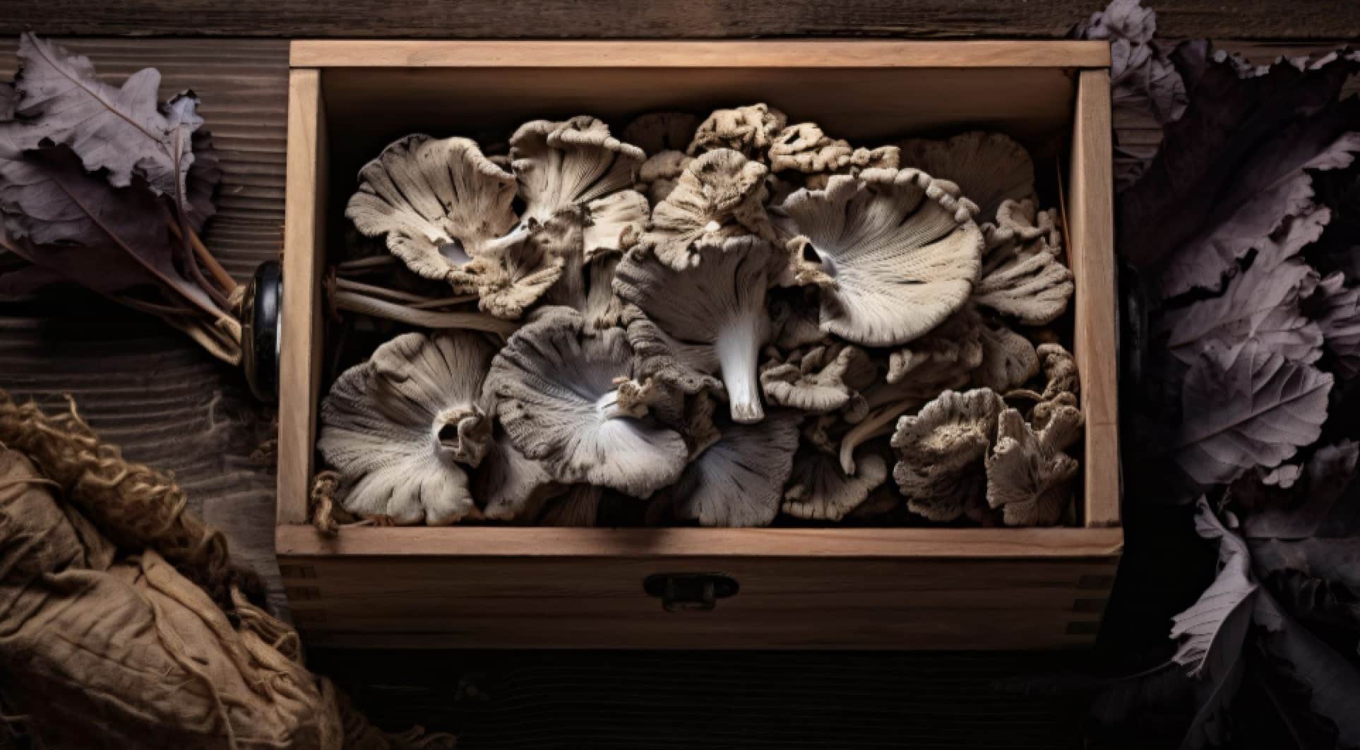 Maitake mushroom on wooden box