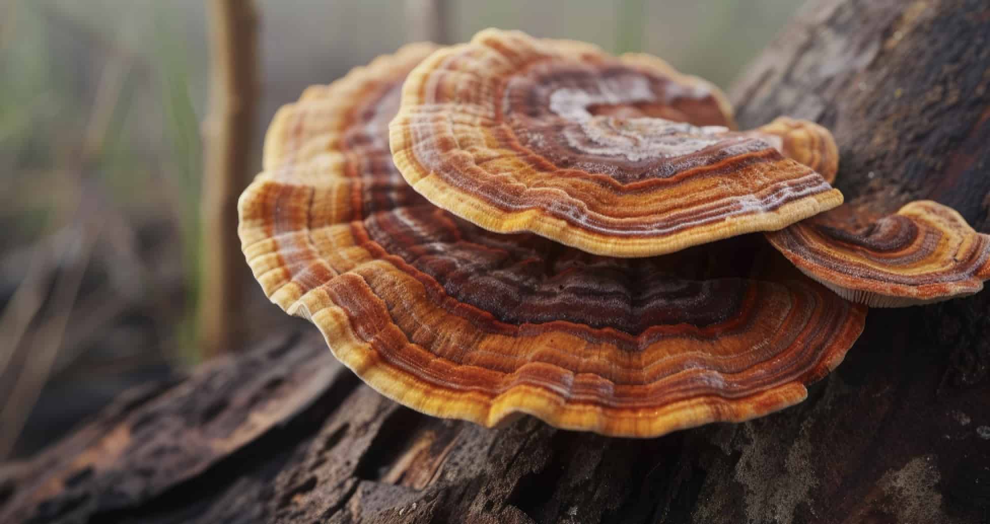 Reishi mushrooms growing on a tree
