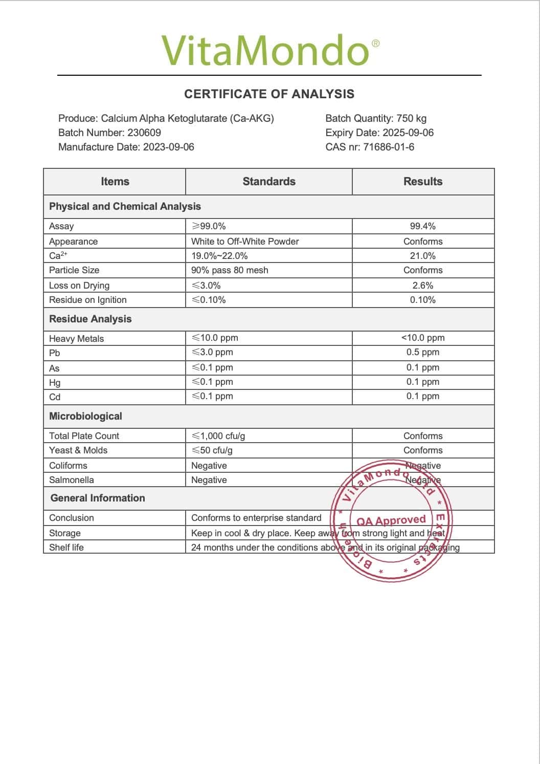 Premium Calcium Alpha-Ketoglutarate (Ca-AKG) COA VitaMondo pure stamped