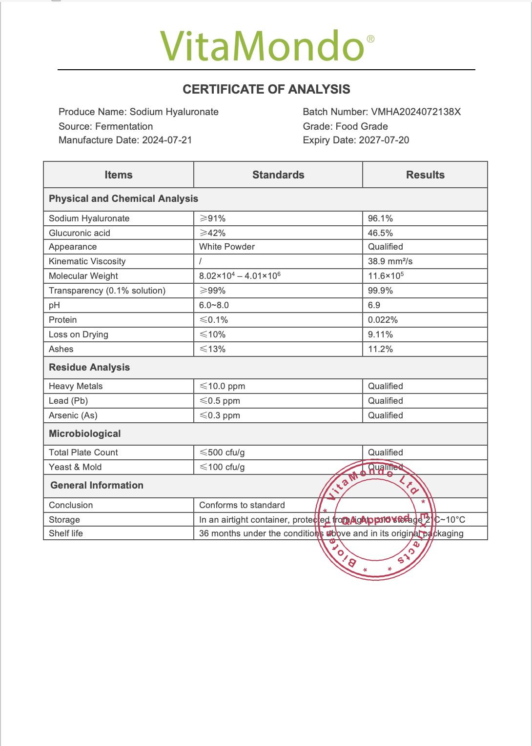 Hyaluronic Acid 90% Sodium Hyaluronate Hyaluron COA VitaMondo
